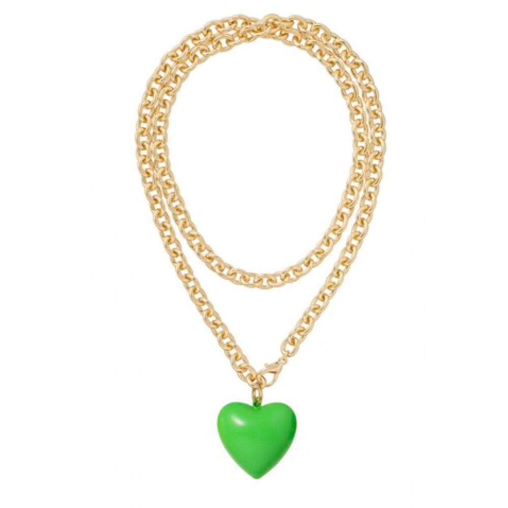 NWOT Roxanne Assoulin Gold Chain Necklace with Big puffy Green Heart Pendant